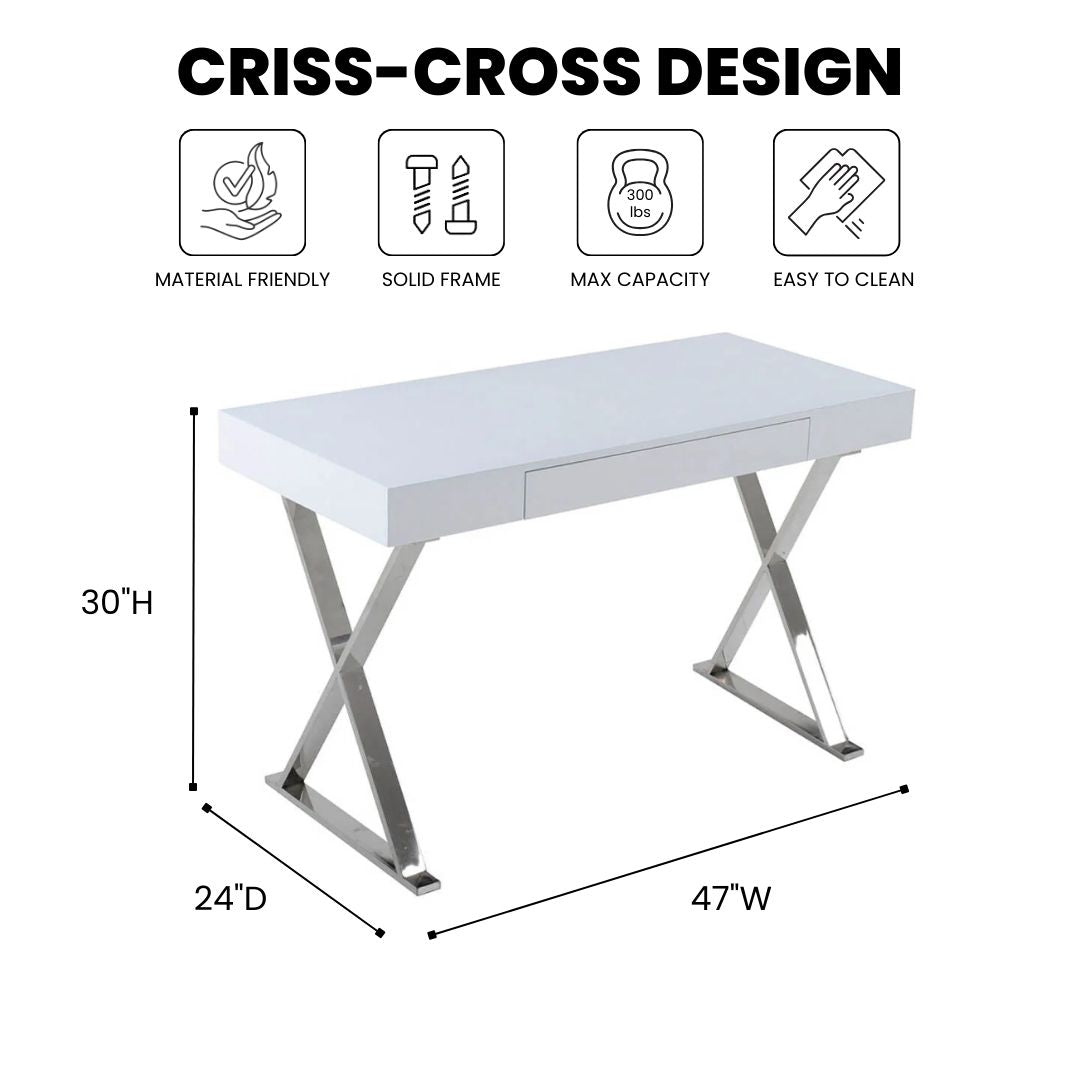 White Wendy Console Desk by Xcella, modern desk with sleek design and smooth surface, ideal for home or office workspace.