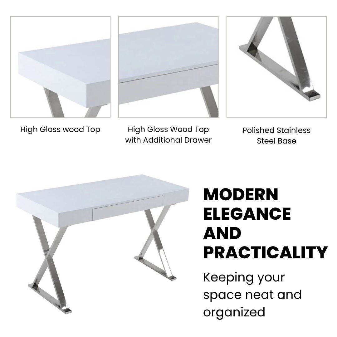 Xcella Wendy Console Desk in white, modern office desk with clean lines, ideal for home or workspace, shown from a side angle.