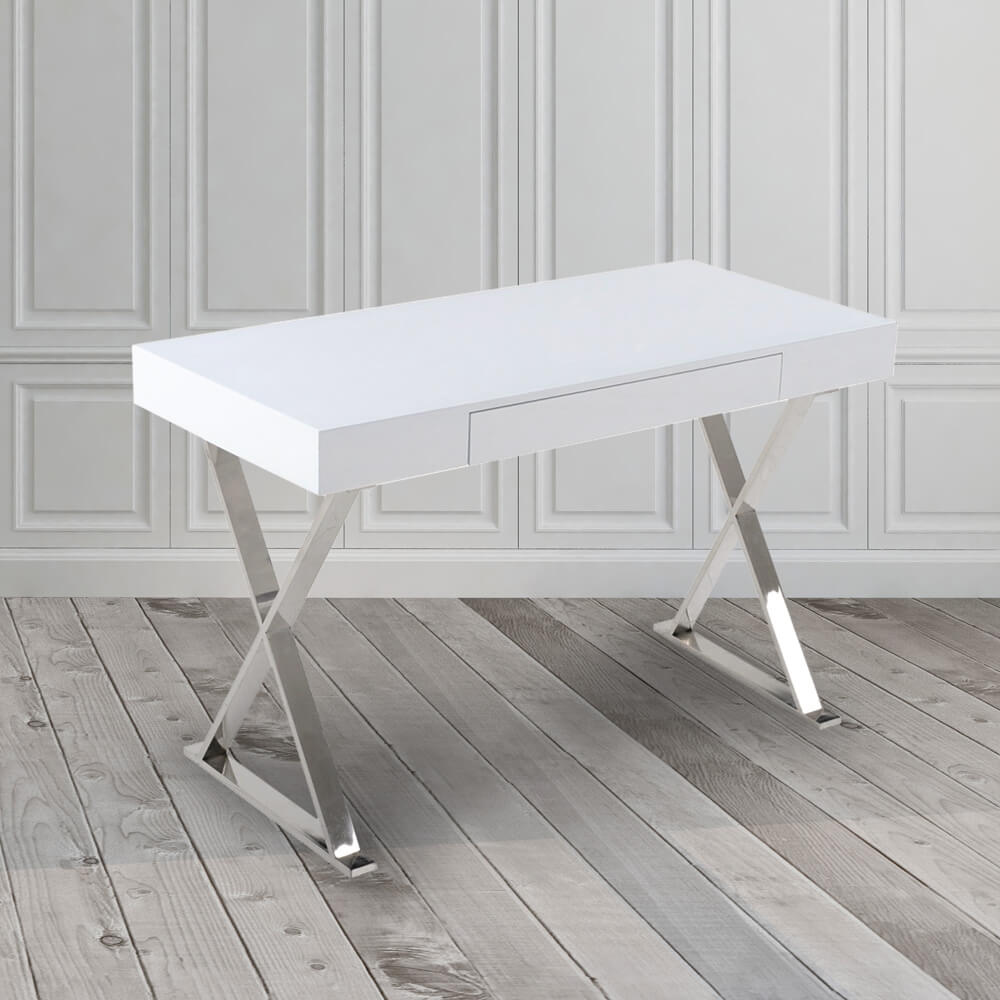 White Wendy Console Desk by Xcella, showcasing a sleek, modern desk with clean lines and a smooth surface.