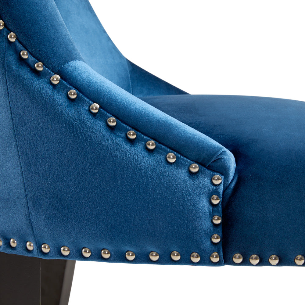 Set of two Rimzy Blue Wood Dining Chairs by Xcella, featuring sleek wooden frames and comfortable blue upholstered seats.