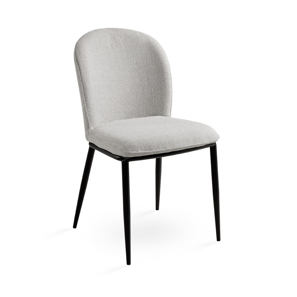 Xcella Jagger 5-piece dining set with natural marble top, includes dining table and four grey upholstered chairs.