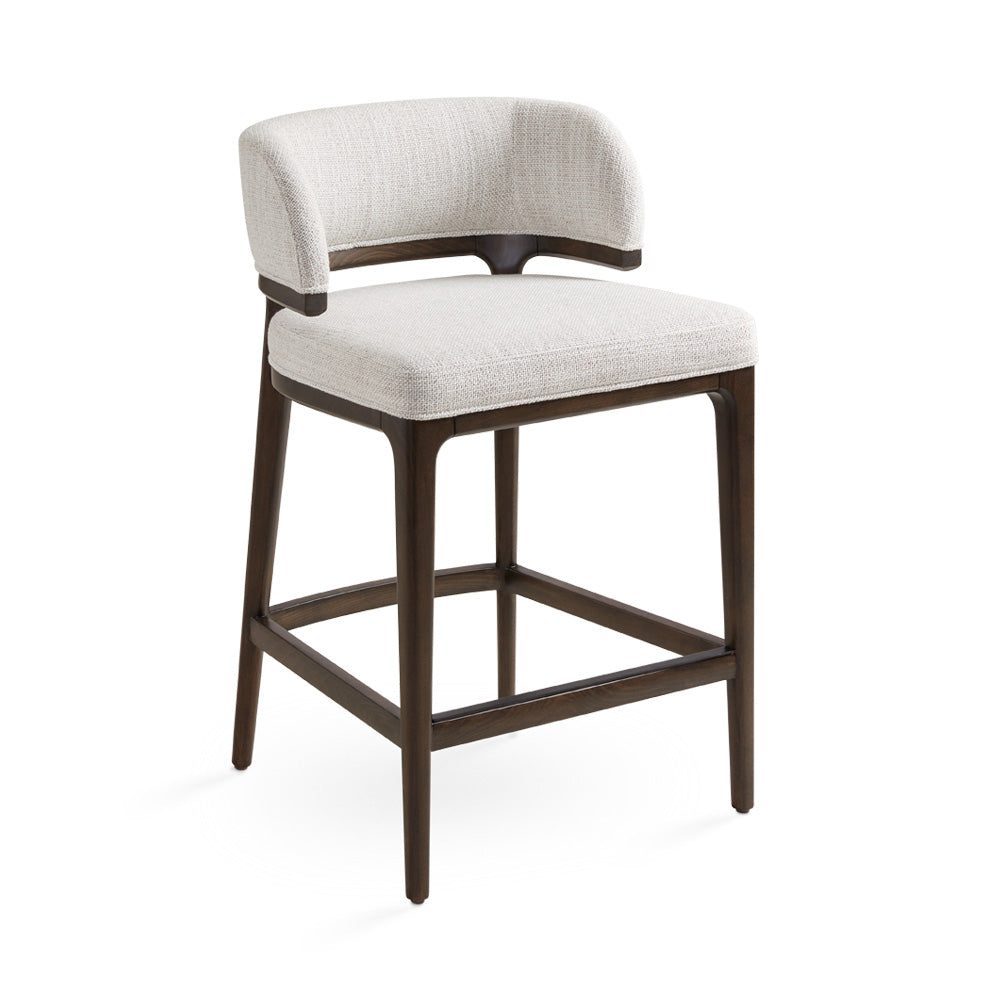 Xcella Chanler Grey Counter Chair, modern dining chair with upholstered grey fabric, three-quarter view.