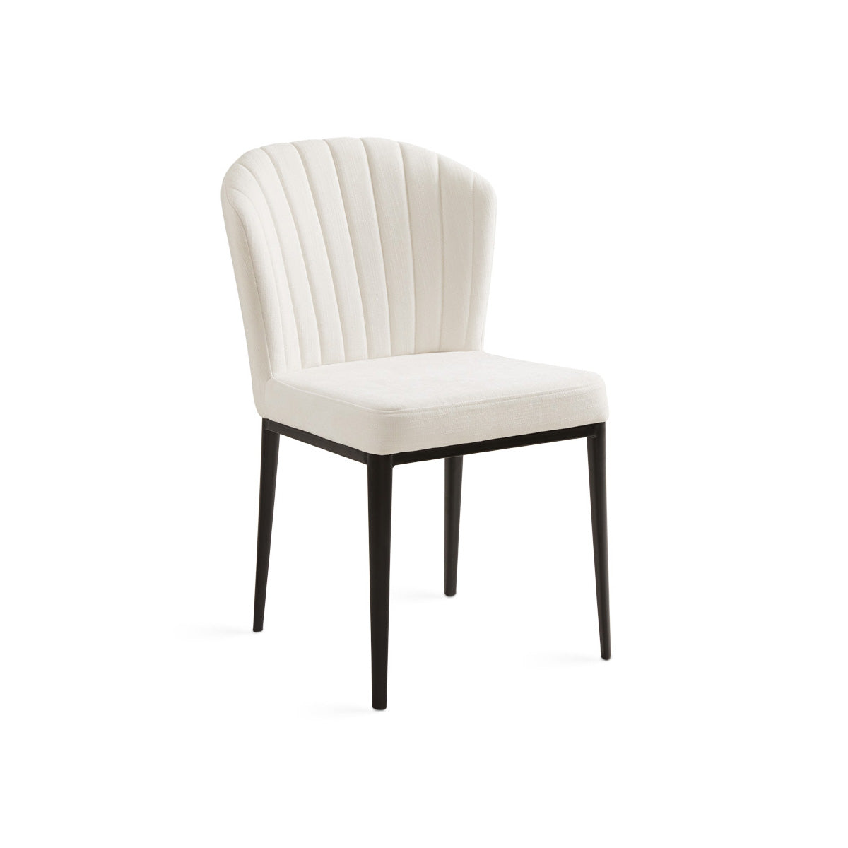 Set of two ivory shell-shaped linen dining chairs by Xcella with curved back and modern design.