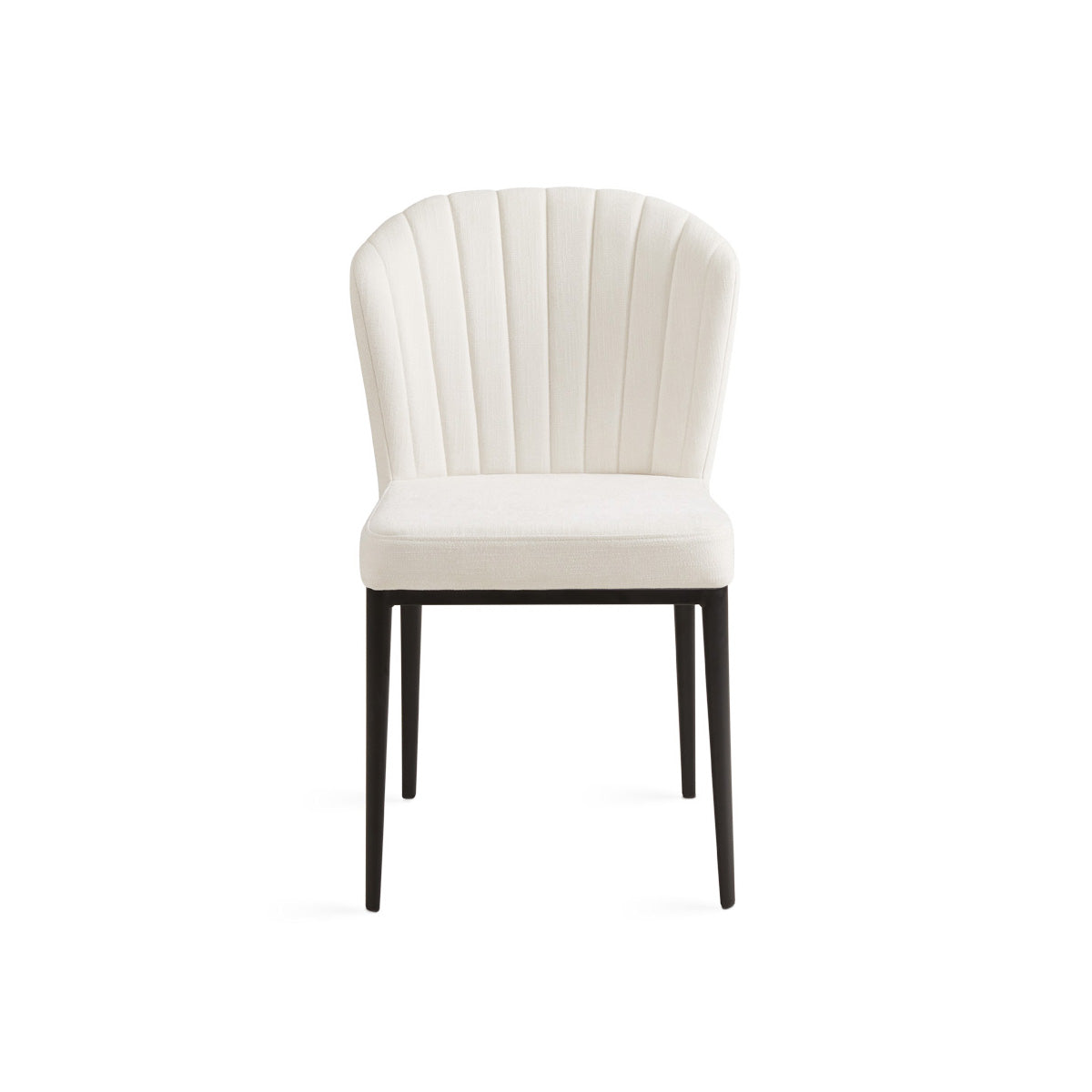 Set of two ivory shell-shaped linen dining chairs by Xcella, showing the front view of their elegant, curved design.