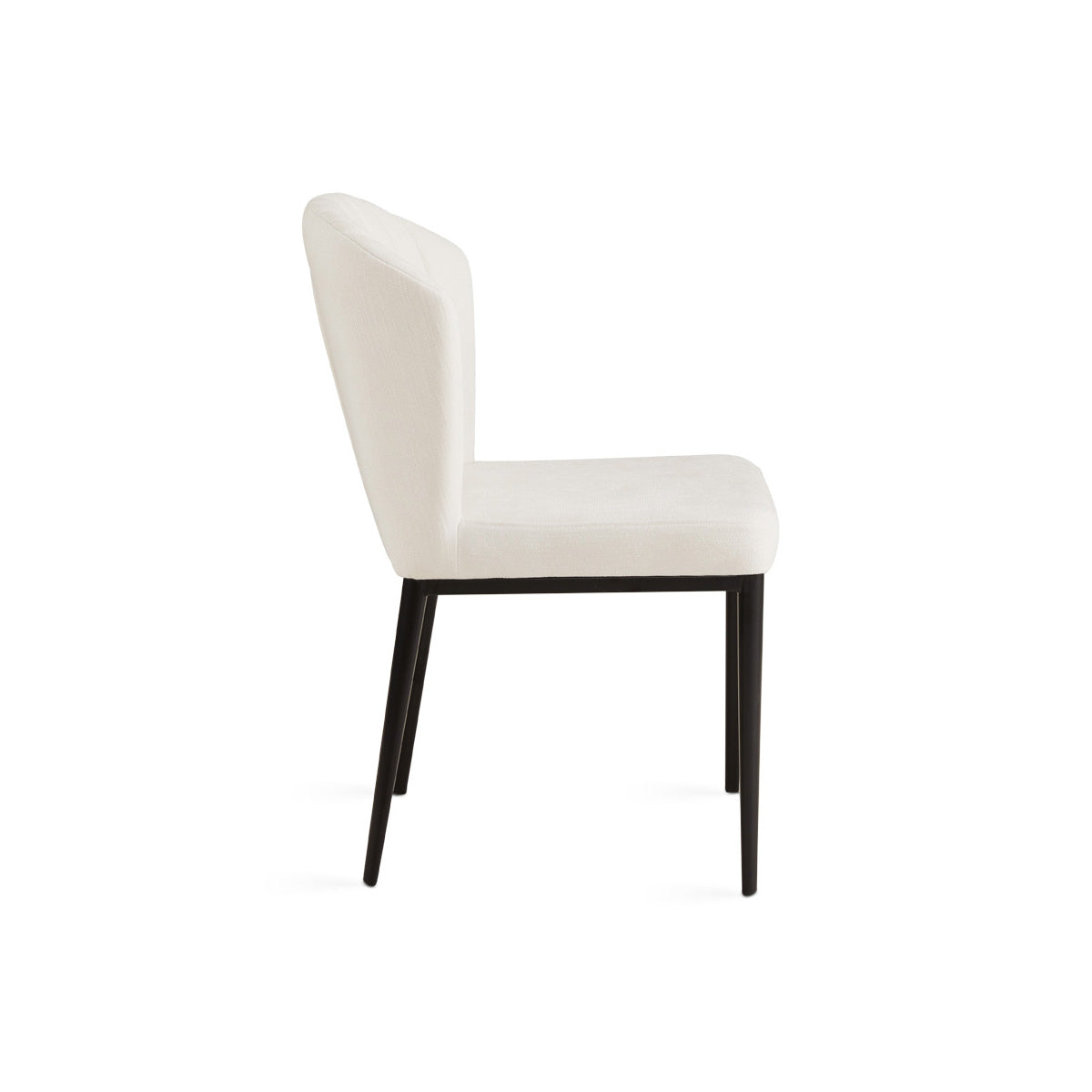 Set of two ivory shell-shaped linen dining chairs by Xcella, shown from the side with curved design and wooden legs.