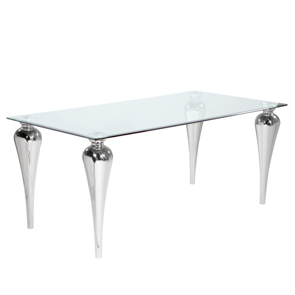 Xcella Omnia 5-piece 71-inch glass dining table set with four grey upholstered chairs, modern dining room furniture