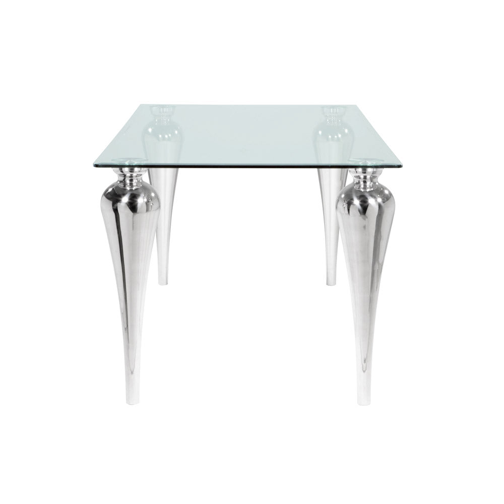 Xcella Omnia 5-piece grey glass dining table set with four matching chairs, 71-inch rectangular glass tabletop for elegant dining.