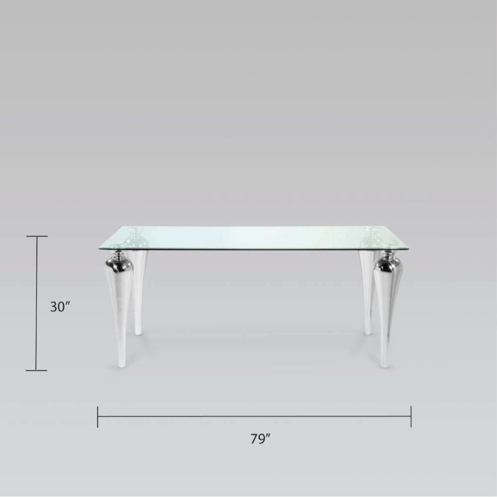 Xcella Omnia 5-piece glass dining table set with four grey upholstered chairs and a 71-inch glass tabletop.