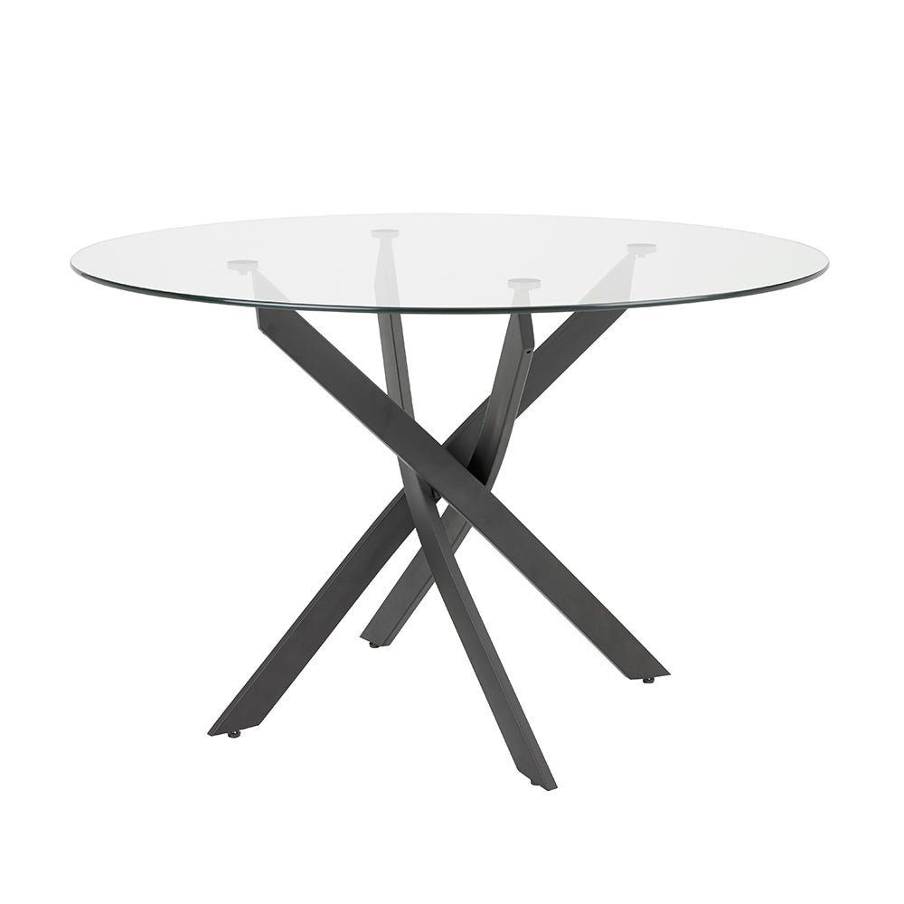 Black metal dining table by Xcella with a sleek, modern design, featuring a sturdy tabletop and stylish metal legs.
