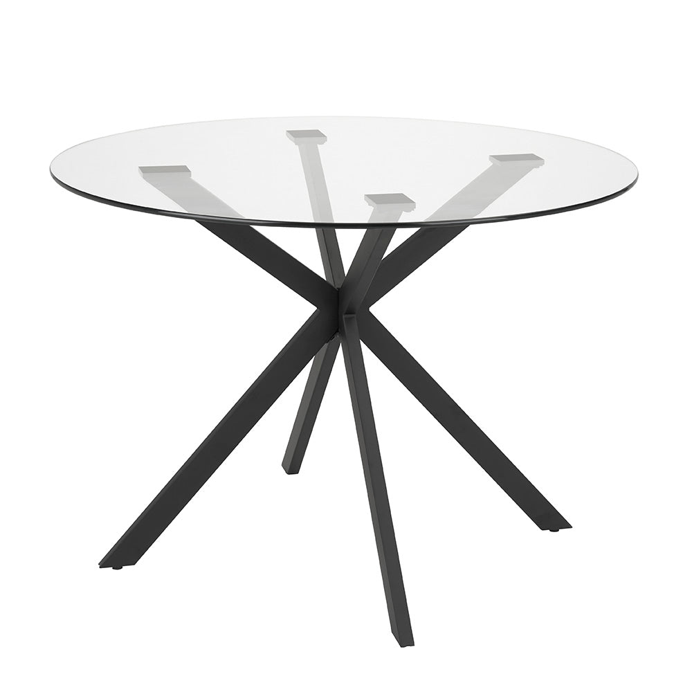 Xcella Frances 5-piece dining table set with cream glass tabletop and black accents, includes table and matching chairs in a stylish dining room.