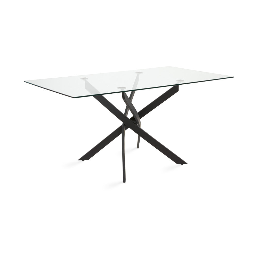 Xcella Victor dining table with black legs and wooden tabletop, shown from a three-quarter angle.