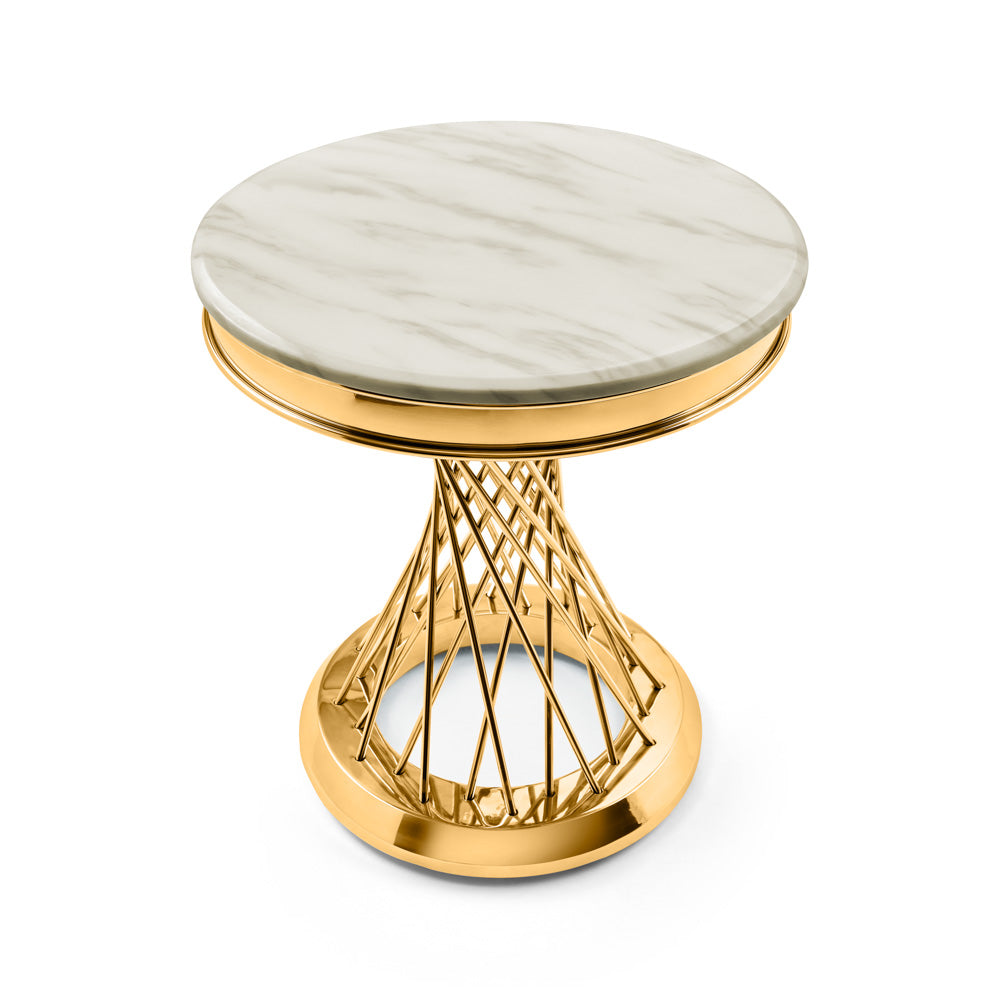 Xcella Bailey end table with a sleek gold finish, featuring a modern design and smooth tabletop surface.