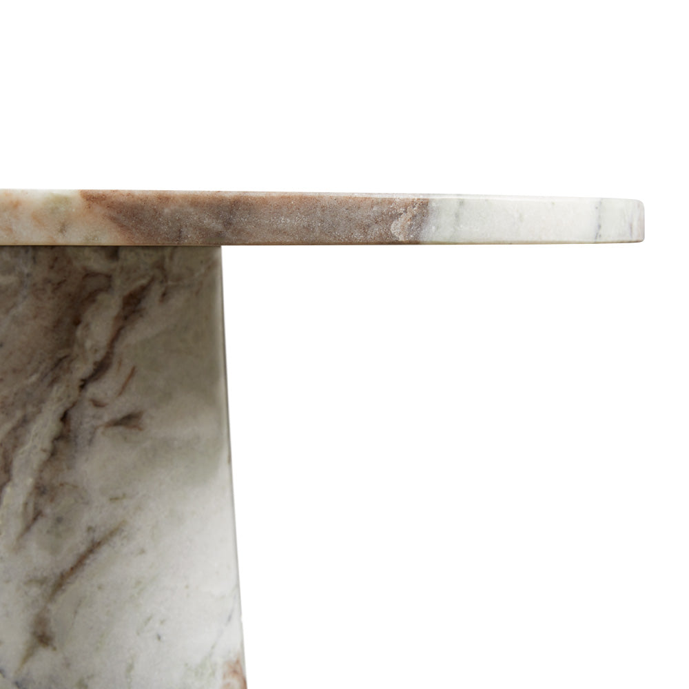 Xcella Belinda marble end table with a sleek design, featuring a white marble top and modern metal legs.