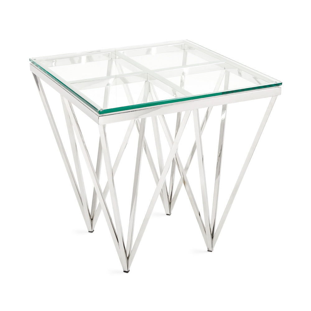 Xcella Luxor End Table in silver with sleek, modern design, featuring a three-quarter view of the stylish end table.