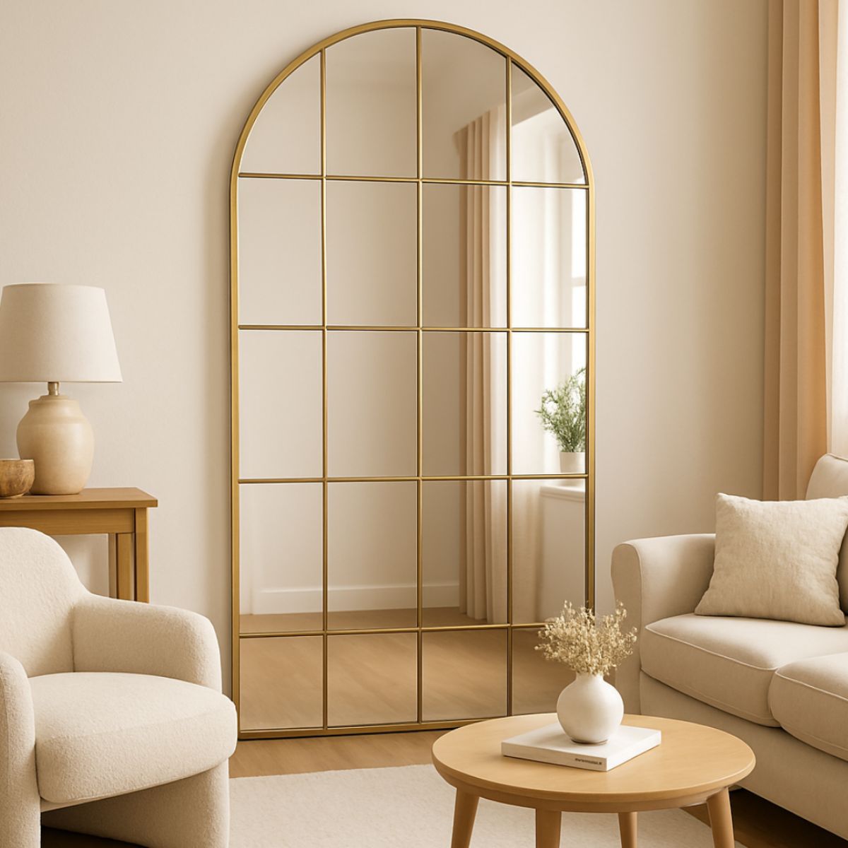 Xcella Irene gold framed floor mirror reflecting a stylish room with a sleek, modern design and elegant gold finish.