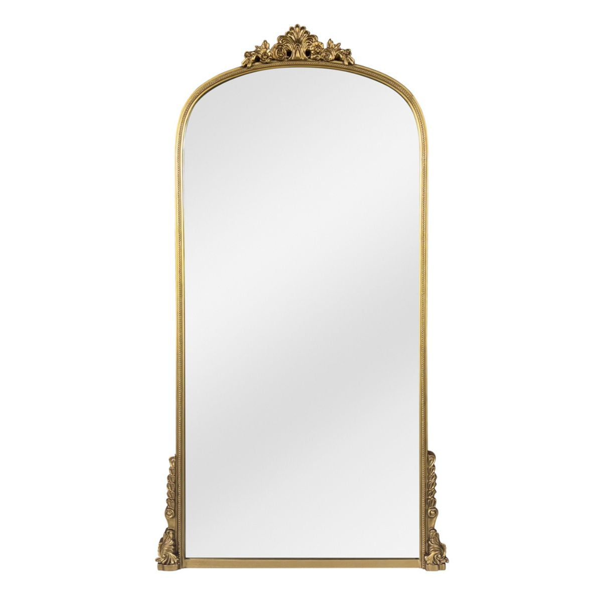 Xcella Lorraine gold frame floor mirror with sleek, modern design, standing tall on a polished floor in a stylish home setting.