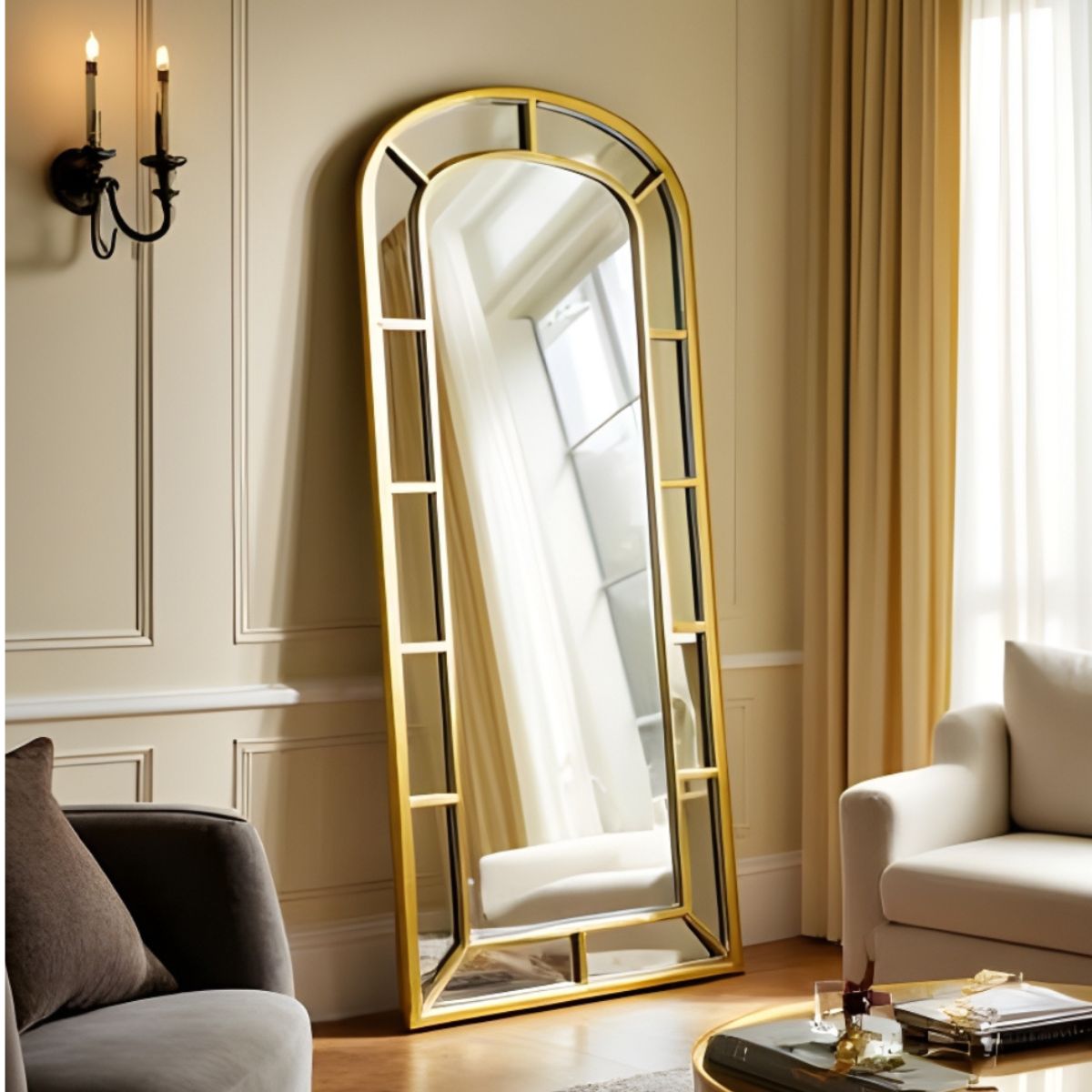 Xcella Wesley floor mirror with a marigold-colored frame standing upright in a modern room.