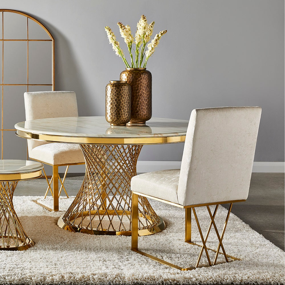 Olivia gold dining table by Xcella, modern kitchen and dining room table with sleek design and polished surface.