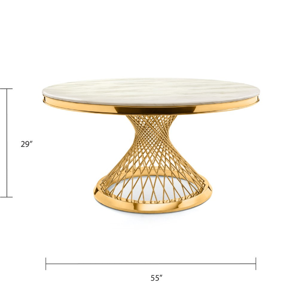 Xcella Bailey dining table with a gold finish, modern design, and sleek surface, perfect for kitchen and dining room settings.