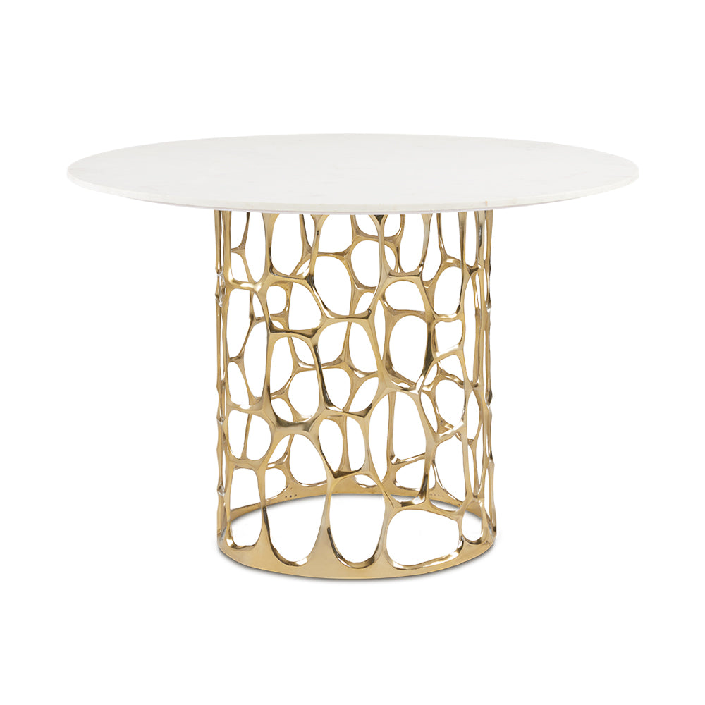 Xcella Mario marble dining table with gold base, showcasing a sleek, modern kitchen and dining room table design.