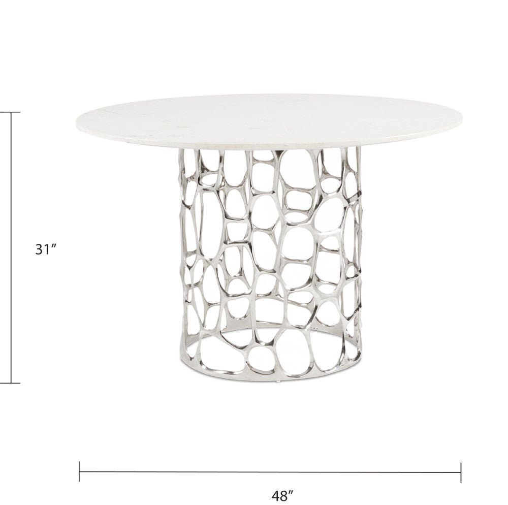 Xcella Mario marble dining table with silver finish, modern kitchen and dining room table with sleek design and sturdy base.