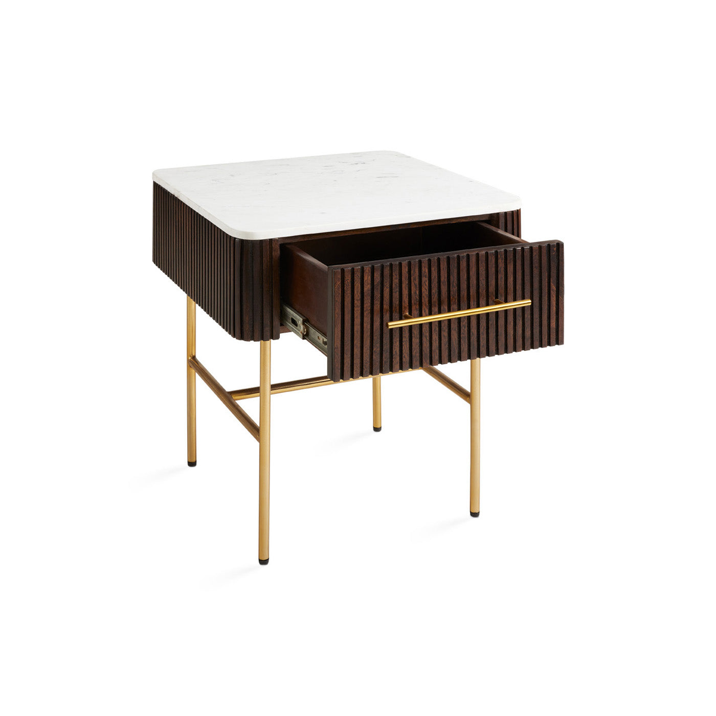 Xcella Serenity side table with marble top, modern nightstand featuring open storage and sleek design.