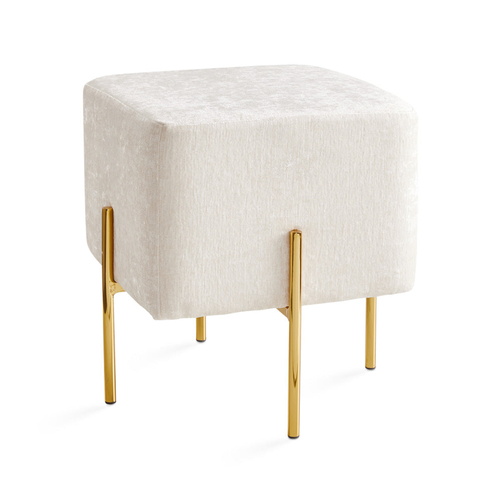Xcella Albany Ottoman in ivory linen fabric, gold accents, showcasing a stylish and plush upholstered ottoman for living room decor.