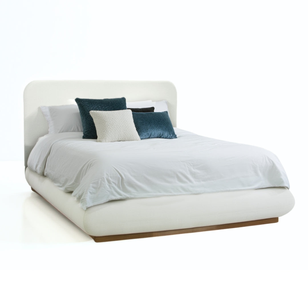 Xcella Haven Queen Bed in greige with a sleek platform design, showcasing a modern bedroom setup.