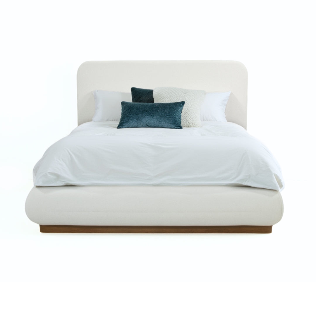 Xcella Haven Queen Bed in Greige with a sleek platform design and clean lines, showcasing the modern bedroom furniture.