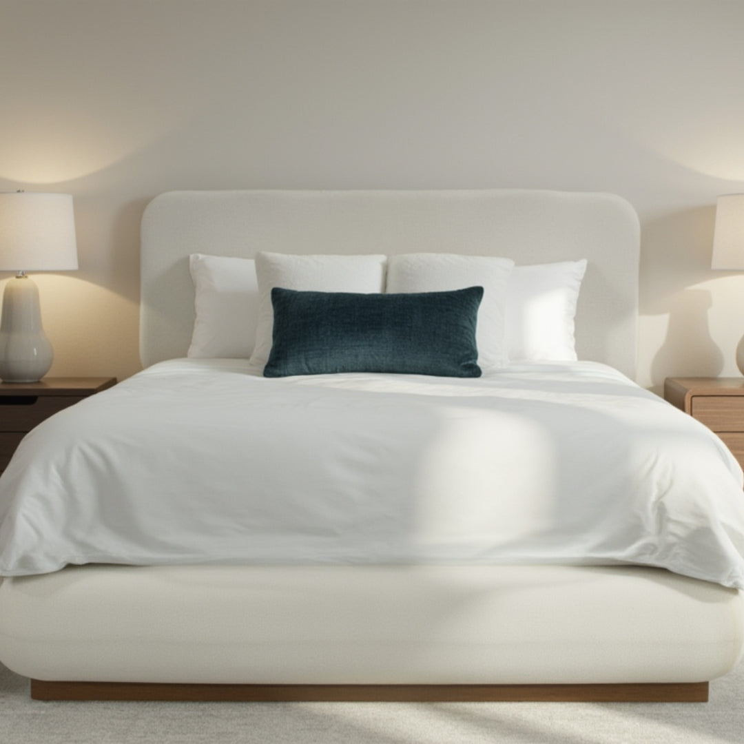 Xcella Haven Queen Bed in Greige, stylish platform bed with a sleek design and upholstered headboard, perfect for modern bedrooms.