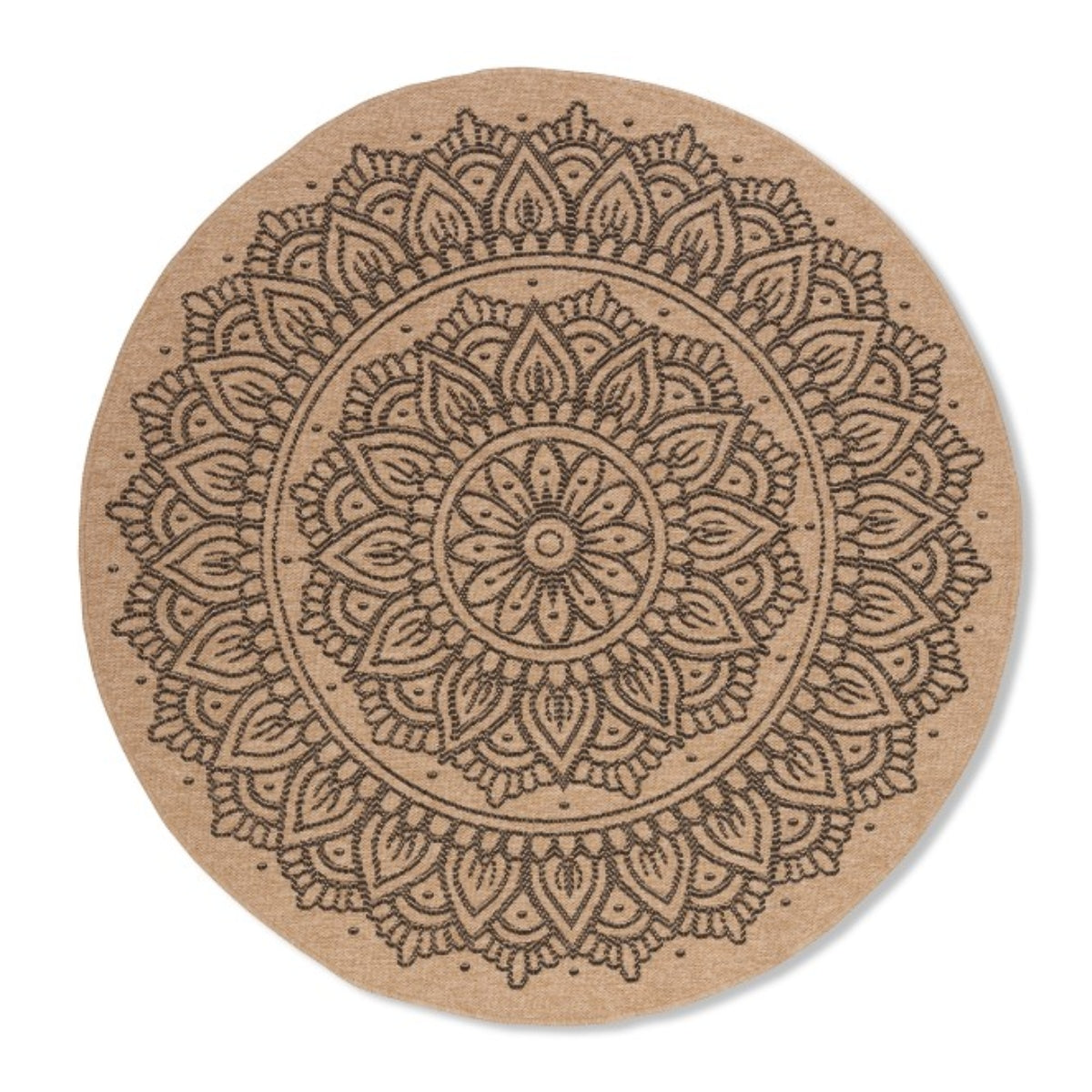 Xcella Avanos round indoor outdoor rug with black pattern, showcasing a stylish and durable design for versatile spaces.