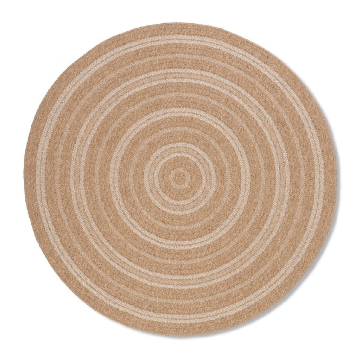 Xcella Avanos round indoor outdoor rug in white with a circular design, ideal for indoor or outdoor use.