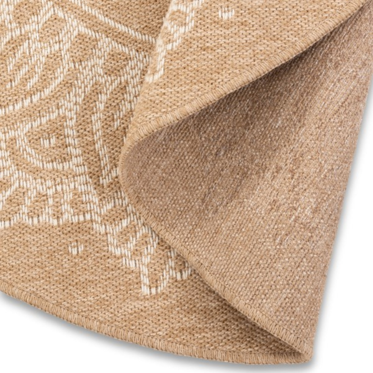 Round white patterned indoor outdoor rug by Xcella, with intricate design, suitable for stylish home or patio spaces.