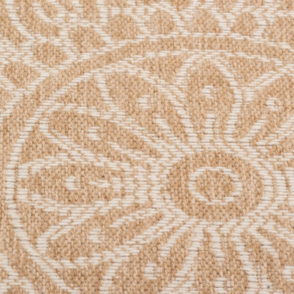 Xcella Avanos indoor outdoor round rug with white patterned design, suitable for living spaces and outdoor areas.