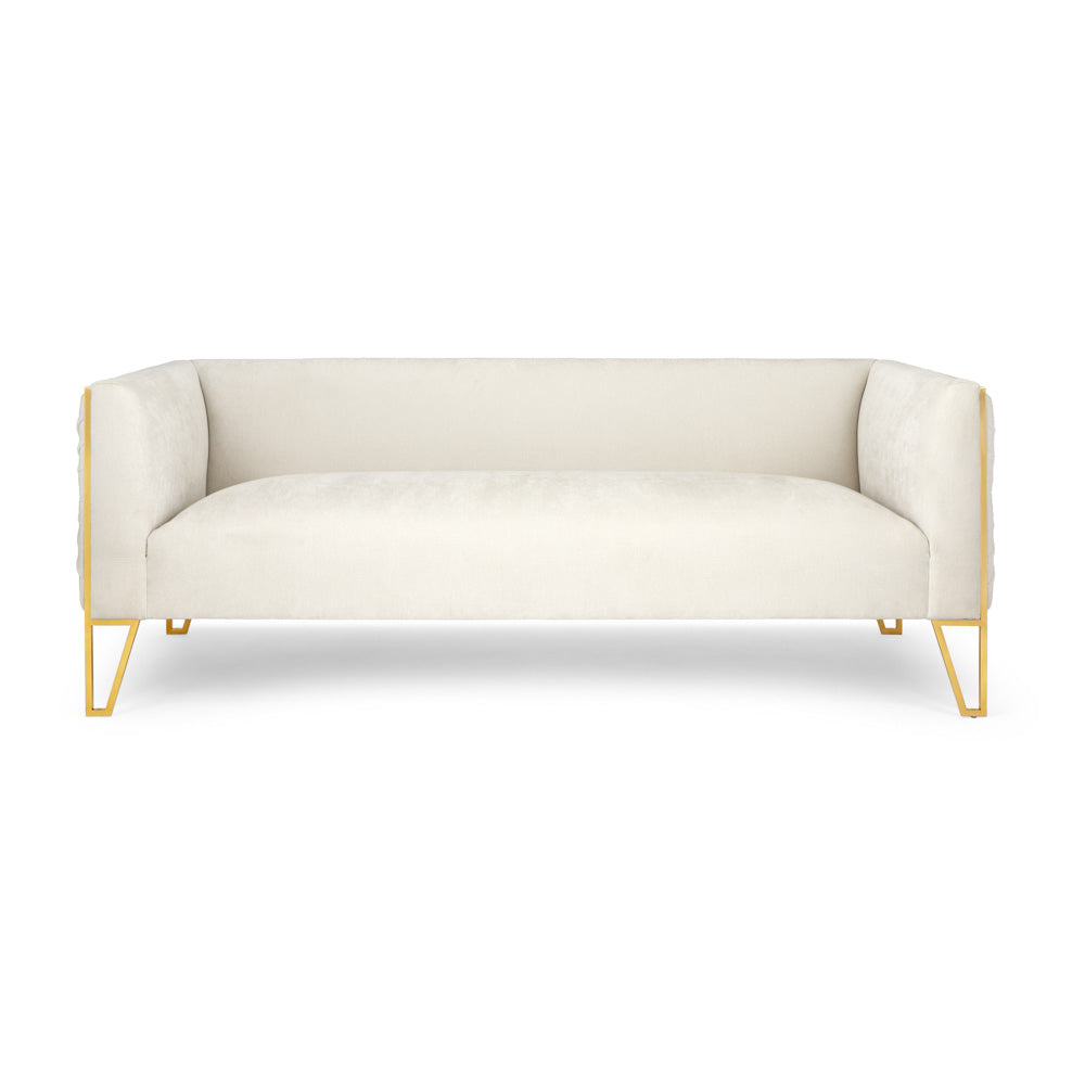 Xcella Truro Sofa in matte gold with ivory upholstery, showcasing a stylish, modern sofa with clean lines and plush cushions.