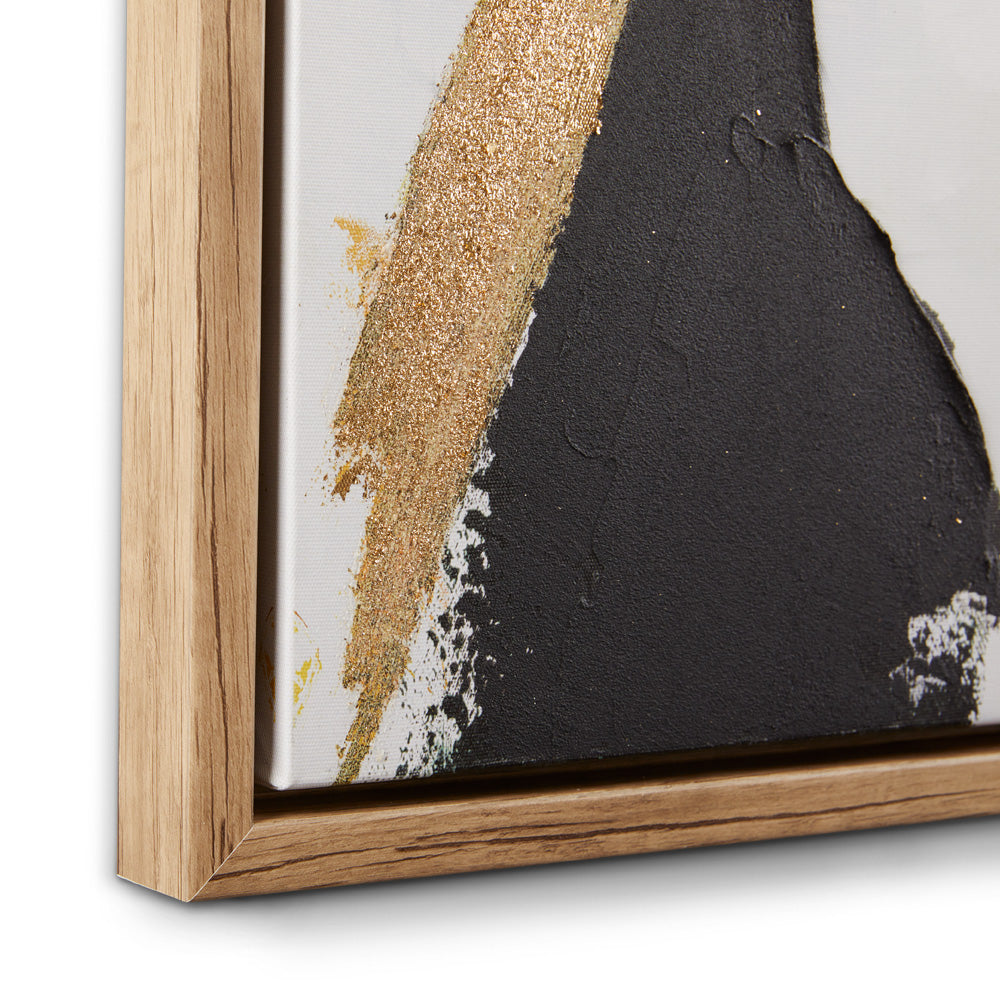 Black and gold wall art by Xcella featuring abstract geometric design on a neutral background.