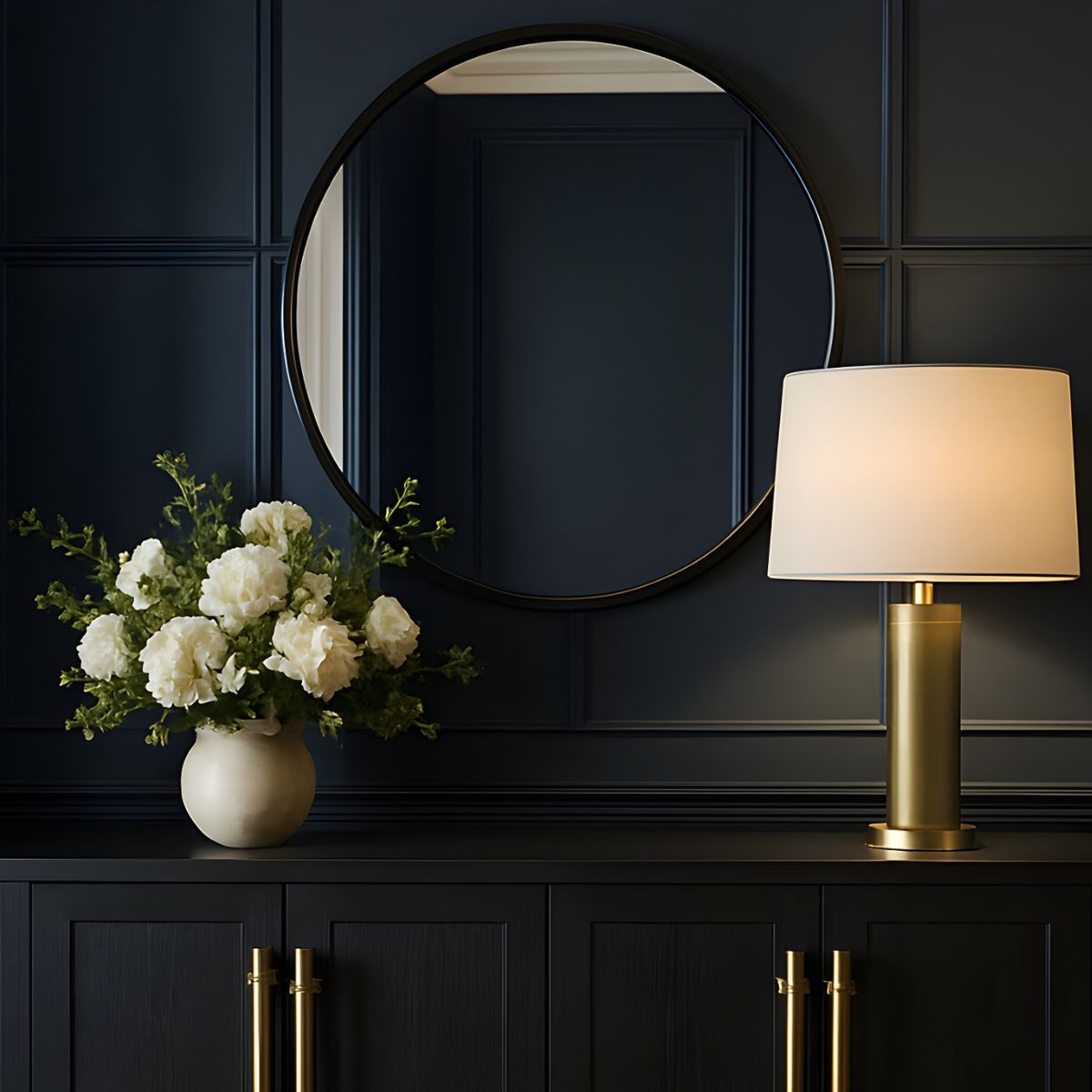 Black-framed Georgia Wall Mirror by Xcella, round wall mirror with sleek black finish, mounted on a wall.